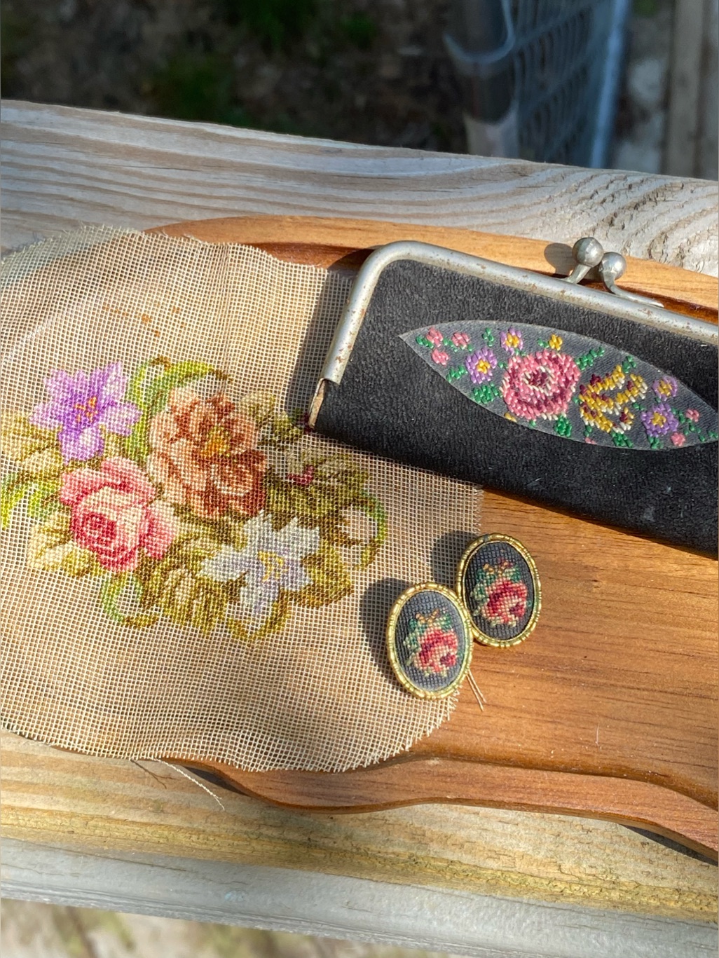 Vintage Set Vienna Petit Point Oval Clip On Earrings &Mini Leather Manicure Case